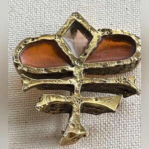 Vintage Abstract Cross Brooch with Amber & Clear Glass Inlay